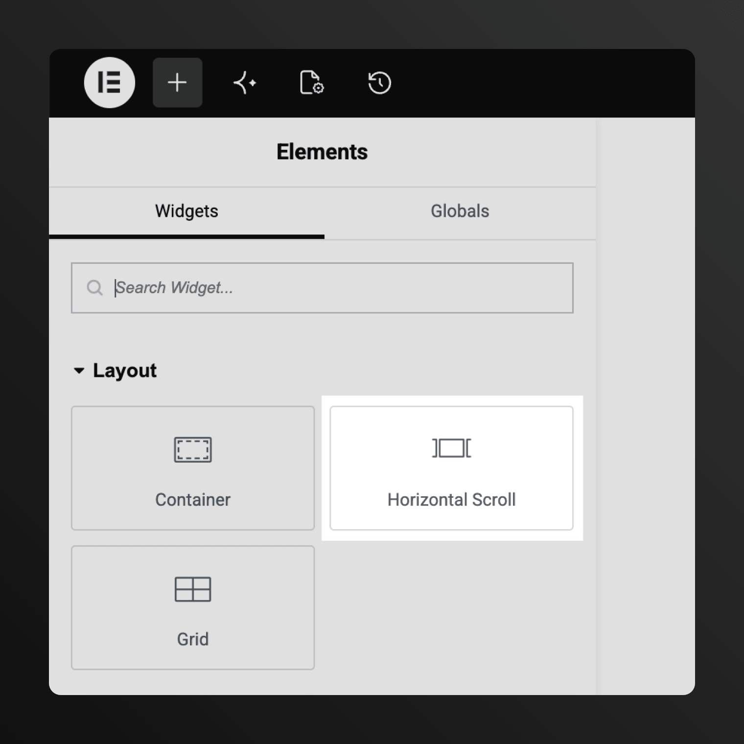 Elementor's Elements panel with the Horizontal Scroll widget in the Layout category, beside Container and Grid