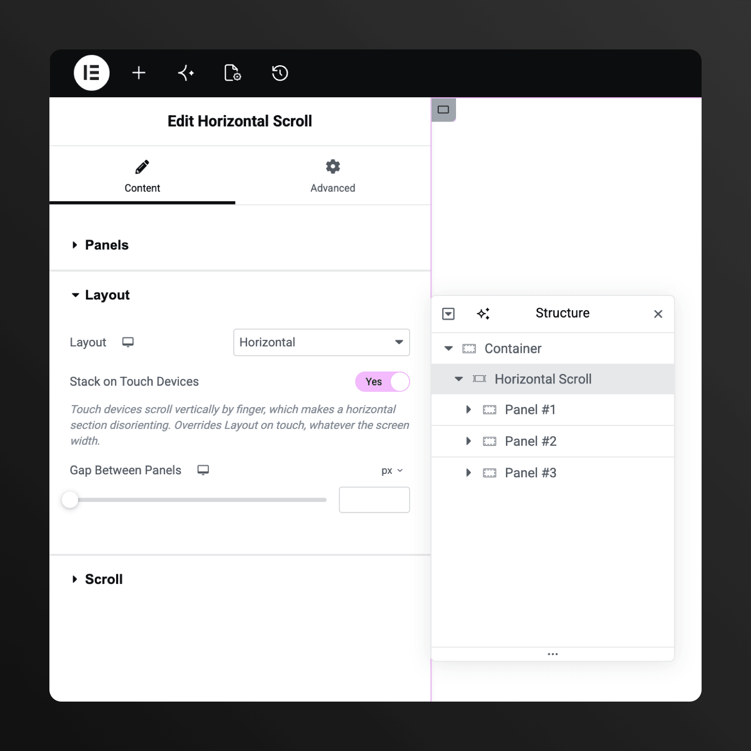 Horizontal Scroll widget settings in Elementor with Stack on Touch Devices turned on, and the Structure panel showing three panels nested under the widget